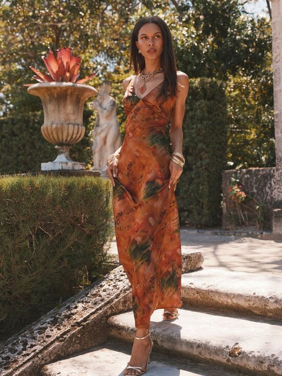 12th Tribe Dresses & Skirts - 12th Tribe Mirabella Rust Printed Satin Maxi Dress Size MM
